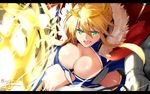  artist_name artoria_pendragon_(all) artoria_pendragon_(lancer) bangs blonde_hair blue_leotard braid breasts cape cleavage cleavage_cutout crown fate/grand_order fate_(series) french_braid fur-trimmed_cape fur_trim gauntlets green_eyes hair_bun highres huge_breasts isshiki_(ffmania7) lance leotard open_mouth polearm red_cape shouting sidelocks solo swept_bangs thighs twitter_username vambraces weapon 