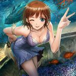  :p aquarium bad_id bad_pixiv_id bare_shoulders bent_over blue_eyes breasts brown_hair cleavage downblouse dress fish foreshortening hand_on_hip hands large_breasts leaning_forward one_eye_closed original revision shijima_(tanfn) short_dress short_hair solo tongue tongue_out v 
