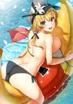  :d anchor_hair_ornament ass banana_boat bare_shoulders bikini black_bikini blonde_hair blue_eyes blurry body_mahattaya_ginga bracelet breasts butt_crack camera depth_of_field eyebrows_visible_through_hair flower from_above hair_ornament hair_ribbon hat hat_flower jewelry kantai_collection kickboard large_breasts looking_back looking_up low_twintails lying on_stomach open_mouth outdoors peaked_cap petals prinz_eugen_(kantai_collection) ribbon side-tie_bikini sideboob smile solo swimsuit trefoil twintails untied untied_bikini wet 
