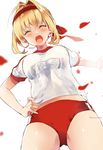  :d ^_^ bangs blurry blush buruma closed_eyes cowboy_shot depth_of_field eyebrows_visible_through_hair fate/grand_order fate_(series) gym_shirt gym_uniform hair_intakes hand_on_hip headband kanaiko name_tag nero_claudius_(fate) nero_claudius_(fate)_(all) olympian_bloomers open_mouth petals red_buruma rose_petals shirt short_sleeves sidelocks smile solo t-shirt thighs twitter_username white_shirt 