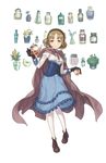  bangs black_gloves blue_dress blue_eyes bottle brown_cape brown_footwear brown_hair cape cup dress flower frilled_dress frills full_body gloves hairband highres holding holding_cup lily_of_the_valley looking_at_viewer maria_florence medium_hair official_art pantyhose parted_bangs plant potted_plant princess_principal princess_principal_game_of_mission shoes solo tea teacup teapot transparent_background vase white_legwear 