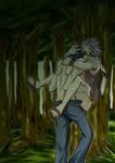  2boys against_tree anal belt black_hair blush bottomless carrying character_request cum fairy_tail grass gray_fullbuster hug male male_focus multiple_boys natsu_dragneel open_clothes open_mouth open_shirt outdoors pants pink_hair sandals scarf sex shirt standing suspension sweat toe_scrunch topless tree unzipped vest wind wristband yaoi 
