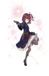  belt belt_pouch blue_skirt boots brown_footwear brown_hair brown_legwear browning_hi-power bullet_hole cross-laced_footwear full_body glass_shards gloves gun handgun highres holding holding_gun holding_weapon lace-up_boots looking_at_viewer official_art pouch princess_principal princess_principal_game_of_mission skirt solo standing standing_on_one_leg stephanie_(princess_principal) transparent_background weapon white_gloves yellow_eyes 