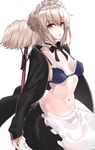  apron artoria_pendragon_(all) artoria_pendragon_(swimsuit_rider_alter) bangs bikini_top black_skirt blonde_hair blue_bikini_top breasts commentary_request cowboy_shot eyebrows_visible_through_hair fate/grand_order fate_(series) frilled_apron frills hair_between_eyes highres holding hood hoodie looking_at_viewer maid_bikini mop open_clothes open_hoodie parted_lips platinum_blonde_hair shunichi sidelocks simple_background skirt small_breasts solo tsurime waist_apron white_background yellow_eyes 