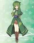  :d arm_behind_back bangs blush boots brown_footwear capelet commentary_request eyebrows_visible_through_hair full_body green_eyes green_hair green_hat hair_between_eyes haruyuki_(yukichasoba) hat leaf long_sleeves looking_at_viewer open_mouth original seoi_ha smile solo sparkle standing touhou 