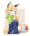  1girl :t animal_ear_fluff animal_ears bangs blonde_hair blue_eyes blush commentary_request cup disposable_cup drinking_straw eating extra_ears eyebrows_visible_through_hair fast_food food fox_ears fox_tail hair_between_eyes hamburger holding holding_food hood hood_down hoodie long_sleeves looking_at_viewer original pocket poco_(asahi_age) shiratama_kitsune short_hair solo tail two-tone_background upper_body 