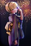  1girl alternate_costume blonde_hair blue_background blue_eyes breasts chromatic_aberration earring eyebrows_visible_through_hair eyes_visible_through_hair fireworks from_behind hair_ornament hairband half-closed_eyes hand_up highres japanese_clothes kamitsure_(pokemon) kimono long_sleeves looking_at_viewer looking_back looking_to_the_side medium_breasts mintes night night_sky obi pokemon pokemon_(game) pokemon_bw short_hair simple_background sky smile solo standing striped_kimono yukata 