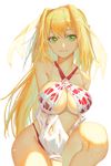  absurdres ahoge bare_shoulders between_legs bikini blonde_hair breasts closed_mouth commentary_request criss-cross_halter dress eyelashes fate/grand_order fate_(series) gown green_eyes hair_between_eyes hair_intakes hair_ribbon halterneck hand_between_legs highres knee_up kyunotobi large_breasts long_hair looking_at_viewer nero_claudius_(fate)_(all) nero_claudius_(swimsuit_caster)_(fate) ribbon see-through shoulder_cutout simple_background smile solo striped striped_bikini swimsuit twintails white_background 