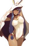  animal_ears arms_up bangs bed_sheet blue_eyes blunt_bangs blush breasts bunny_ears collarbone dark_skin earrings eyeliner facepaint fate/grand_order fate_(series) hair_between_eyes hair_tubes hairband hips hoop_earrings jewelry long_hair looking_at_viewer makeup medium_breasts necklace nitocris_(fate/grand_order) nitocris_(swimsuit_assassin)_(fate) one-piece_swimsuit open_mouth purple_hair sidelocks simple_background smile solo swimsuit thighs tokiwa_midori_(kyokutou_funamushi) very_long_hair waist_cutout white_background white_swimsuit 