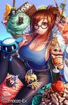  5boys artist_name black-framed_eyewear black_legwear blonde_hair blue_background blue_bodysuit blue_shirt bodysuit breasts brown_eyes brown_hair brown_legwear cherry chibi cleavage collarbone cowboy_shot cyborg d.va_(overwatch) drone eyebrows_visible_through_hair face_mask faulds floating food freeze-ex fruit genji_(overwatch) glasses hair_bun hair_ornament hair_stick hanzo_(overwatch) headphones helmet high_collar holding holding_food holding_staff ice_cream ice_cream_cone jacket junkrat_(overwatch) katana large_breasts long_hair long_sleeves looking_at_viewer mask mechanical_arm mechanical_halo mechanical_wings mei_(overwatch) mercy_(overwatch) multiple_boys multiple_girls overwatch pants parfait peg_leg pelvic_curtain pilot_suit pocky ponytail power_armor reaper_(overwatch) robot shirt short_hair shoulder_pads signature simple_background single_scoop sitting skin_tight smile snowball_(overwatch) snowflake_hair_ornament soldier:_76_(overwatch) solo_focus spikes spoon staff sundae sword tank_top visor weapon whipped_cream white_hair wings yellow_wings 