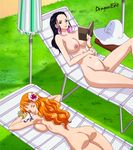  areolae ass back bare_legs black_hair breasts breasts_press curvy erect_nipples female flower grass highres legs long_hair long_legs nami_(one_piece) nico_robin nipples nude nude_filter nudist one_piece one_piece_film_gold orange_hair photoshop pussy screencap tattoo thighs uncensored 