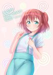  aqua_eyes bangs blue_pants blue_shirt bright_pupils candy character_name commentary_request dutch_angle eyebrows_visible_through_hair food food_themed_background happy_birthday heart heart_print highres kurosawa_ruby lollipop looking_at_viewer love_live! love_live!_sunshine!! pants rama_(yu-light8) red_hair shirt short_hair short_sleeves solo suspenders tareme two_side_up 