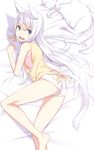  :d animal_ears arm_support bangs bare_legs barefoot bed_sheet blue_eyes cat cat_ears cat_girl cat_tail commentary_request eyebrows_visible_through_hair highres kimura_(ykimu) legs long_hair looking_at_viewer lying on_side open_mouth original shirt short_shorts shorts sidelocks smile solo tail tank_top teeth thighs tied_shirt very_long_hair white white_cat white_hair white_shorts yellow_shirt 