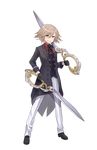  black_footwear black_gloves full_body gloves highres light_brown_hair looking_at_viewer official_art pants parted_lips princess_principal princess_principal_game_of_mission purple_eyes sara_clay scissor_blade shoes short_hair smirk solo standing transparent_background white_pants 