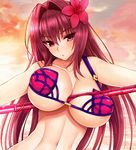  bangs bare_shoulders beach between_breasts bikini breasts cloud cocq_taichou collarbone fate/grand_order fate_(series) flower gae_bolg hair_flower hair_intakes hair_ornament hibiscus highres large_breasts long_hair looking_at_viewer navel open_mouth outdoors polearm puckered_lips purple_hair red_bikini red_eyes scathach_(fate)_(all) scathach_(swimsuit_assassin)_(fate) solo spear swimsuit twilight unaligned_breasts upper_body water weapon 