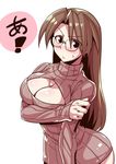  arm_across_chest azumanga_daiou black_eyes blush breasts brown_hair cleavage commentary contrapposto embarrassed eyebrows_visible_through_hair glasses grabbing_own_arm large_breasts long_hair looking_at_viewer meme_attire mizuhara_koyomi open-chest_sweater ribbed_sweater solo standing sweatdrop sweater tsuki_wani 