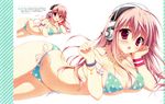  absurdres bangs bikini blush bracelet breasts cleavage green_bikini headphones highres huge_filesize jewelry large_breasts long_hair looking_at_viewer lying navel necklace nitroplus on_stomach open_mouth pink_eyes pink_hair print_bikini ryouka_(suzuya) scan side-tie_bikini simple_background solo star star_print strap_pull string_bikini super_sonico swimsuit white_background wristband 