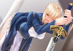  ahoge artoria_pendragon_(all) bent_over blonde_hair blush braid dress dress_lift excalibur eyebrows_visible_through_hair fate/stay_night fate_(series) gauntlets green_eyes hetero long_sword nanahime one_eye_closed open_mouth panties panty_pull planted_sword planted_weapon saber sidelocks solo sword tears underwear weapon white_panties 