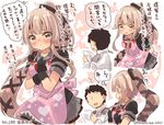  1girl admiral_(kantai_collection) apron black_gloves black_jacket black_ribbon blush commentary_request expressions gloves green_eyes grey_sailor_collar grey_skirt hair_ribbon heart heart_print highres jacket kantai_collection long_hair looking_at_viewer neck_ribbon partly_fingerless_gloves pink_hair ponytail pout red_ribbon remodel_(kantai_collection) ribbon sailor_collar school_uniform serafuku skirt suzuki_toto translated twitter_username very_long_hair yura_(kantai_collection) 