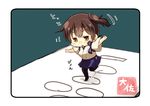  artist_name black_legwear blue_skirt brown_eyes brown_hair chibi commentary_request hair_between_eyes hakama_skirt highres hopscotch japanese_clothes kaga_(kantai_collection) kantai_collection open_mouth short_hair side_ponytail skirt solo taisa_(kari) tasuki thighhighs triangle_mouth 