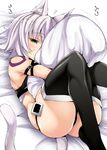  animal_ears armband ass bare_shoulders black_legwear black_panties blush cat_ears cat_tail commentary_request facial_scar fate/apocrypha fate_(series) green_eyes hips jack_the_ripper_(fate/apocrypha) knees_up looking_at_viewer on_bed oohira_sunset panties pillow pillow_hug scar scar_on_cheek short_hair shoulder_tattoo silver_hair solo tail tattoo thighs underwear 