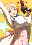  :d artist_name bangs blonde_hair blush bob_cut breasts brown_eyes cardigan covered_nipples cowboy_shot eyebrows_visible_through_hair finger_on_trigger gun high-waist_skirt holding holding_gun holding_weapon large_breasts looking_at_viewer nanahime narusawa_ryouka occultic;nine open_cardigan open_clothes open_mouth pink_skirt short_hair signature skirt smile solo star starry_background tareme underbust weapon 