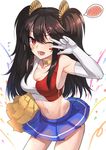  ;d alternate_costume alternate_hairstyle armpits bare_shoulders black_hair blush breasts cheerleader choker cleavage commentary_request cowboy_shot crop_top elbow_gloves fang fate/grand_order fate_(series) gloves hair_between_eyes hair_ornament hairclip k_jin koha-ace leaning_forward long_hair looking_at_viewer medium_breasts miniskirt navel oda_nobunaga_(fate) one_eye_closed open_mouth pom_poms red_eyes sidelocks skirt smile solo spoken_blush star stomach v_over_eye white_gloves 