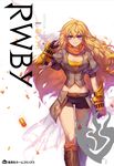  blonde_hair breasts cleavage commentary_request ein_lee ember_celica_(rwby) english highres long_hair medium_breasts navel official_art purple_eyes rwby shotgun_shells solo yang_xiao_long 