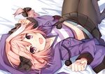  :d astolfo_(fate) bed_sheet belt black_bow black_legwear black_skirt blush bow braid casual fang fate/apocrypha fate/grand_order fate_(series) from_behind hair_bow hair_intakes hands_up jacket knees_up long_hair long_sleeves looking_at_viewer looking_back male_focus miniskirt multicolored_hair navel omuretsu on_bed open_clothes open_jacket open_mouth otoko_no_ko pantyhose pink_hair pleated_skirt pom_pom_(clothes) purple_eyes purple_jacket shirt signature single_braid skirt smile solo streaked_hair striped striped_shirt w_arms white_hair 