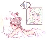  2girls anger_vein angry animal_ears bare_back bed blush bunny_ears commentary_request diana_cavendish dochipoo kagari_atsuko little_witch_academia lying multiple_girls nude on_bed on_stomach pillow pillow_hug tears yuri 