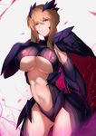  artoria_pendragon_(all) artoria_pendragon_(lancer_alter) ass_visible_through_thighs bangs blonde_hair breasts cape commentary_request cowboy_shot fate/grand_order fate_(series) gauntlets horns large_breasts light_smile looking_at_viewer navel parted_lips pauldrons saisarisu solo stomach underboob yellow_eyes 