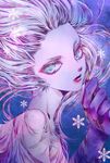  blue_background blue_eyes claws colored_eyelashes eyebrows eyelashes final_fantasy final_fantasy_vi floating_hair forehead fur head_tilt lips long_hair looking_at_viewer monster_girl multicolored multicolored_skin open_mouth pink_skin purple_skin red_lips shaft_look snowflakes solo stechen tina_branford trance_tina_branford two-tone_skin upper_body 