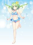  arms_at_sides bangs bare_arms bare_legs barefoot bikini blue_bikini blush breasts chitetan cleavage commentary_request daiyousei eyebrows_visible_through_hair fairy_wings frilled_bikini frills full_body green_eyes green_hair hair_between_eyes jpeg_artifacts looking_at_viewer medium_breasts navel side_ponytail smile solo standing standing_on_one_leg swimsuit thigh_gap touhou wings 