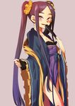 :d benbe blush bow chinese_clothes fan fate/grand_order fate_(series) highres long_hair open_mouth purple_eyes purple_hair smile solo twintails wu_zetian_(fate/grand_order) 