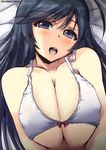 ahoge black_eyes black_hair bra breasts cleavage from_above girls_und_panzer isuzu_hana large_breasts long_hair looking_at_viewer lying on_back open_mouth shinshin smile solo underwear upper_body white_bra 