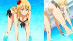  1girl bikini blonde_hair blush breasts cleavage crotch flower from_above from_behind from_below gamers! green_eyes leaning_forward long_hair looking_at_another medium_breasts pool screencap smile solo tendou_karen white_bikini 