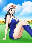  1girl alone ass black_hair blue_boots blue_dress blue_eyes boots breasts cleavage clouds dress female flower grass hat hips large_breasts long_hair nico_robin one_piece sitting sky solo sunglasses sunglasses_on_head thighs white_hat 