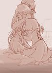  ange_(princess_principal) barefoot breast_grab comforting couple grabbing highres hug monochrome multiple_girls on_bed pajamas princess_(princess_principal) princess_principal sitting sketch tears youzora yuri 