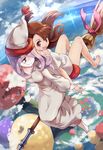  back-to-back barefoot blush broom broom_riding brown_hair day dress flying hair_over_one_eye hat highres kagari_atsuko kisetsu little_witch_academia long_hair multiple_girls multiple_riders open_mouth pajamas pale_skin pink_hair purple_hair red_eyes sky smile sucy_manbavaran witch 