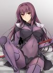  armor bodysuit breasts covered_navel fate/grand_order fate_(series) gae_bolg hair_intakes large_breasts long_hair looking_at_viewer pauldrons polearm purple_bodysuit purple_hair scathach_(fate)_(all) scathach_(fate/grand_order) shoulder_armor smile solo spear weapon zekkyon 