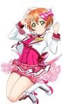  artist_request bangs blush boots bow breasts character_name checkered clenched_hand closed_mouth earrings frills hair_between_eyes hair_bow high_heel_boots high_heels hoshizora_rin idol jacket jewelry jumping long_sleeves looking_at_viewer love_live! love_live!_school_idol_festival love_live!_school_idol_festival_after_school_activity love_live!_school_idol_project necktie official_art orange_hair short_hair small_breasts smile solo transparent_background w yellow_eyes 