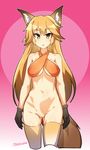  :o animal_ears arms_at_sides artist_name ass_visible_through_thighs bare_arms bare_shoulders blonde_hair bottomless breasts brown_hair cowboy_shot criss-cross_halter cropped_legs eyebrows_visible_through_hair ezo_red_fox_(kemono_friends) fox_ears fox_tail gradient gradient_background gradient_hair halterneck highres kemono_friends long_hair looking_at_viewer medium_breasts multicolored_hair navel open_mouth pink_background pussy shiny shiny_skin solo standing stomach tail thighhighs tilt-shift tsurime uncensored underboob yellow_eyes yellow_legwear 