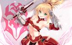  :d absurdres arm_up armor armpits bangs bare_shoulders bikini_armor blonde_hair blush breasts cleavage collar electricity emblem eyebrows_visible_through_hair fate/apocrypha fate_(series) gauntlets green_eyes hair_ornament hair_scrunchie highres holding holding_sword holding_weapon jyt long_hair medium_breasts mordred_(fate) mordred_(fate)_(all) navel open_mouth ponytail red_scrunchie scrunchie smile solo stomach strapless sword underboob unsheathed upper_body v-shaped_eyebrows waist_cape weapon 