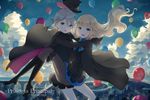  :d ange_(princess_principal) balloon blonde_hair cape carrying cloud copyright_name couple flying grey_hair happy hat highres multiple_girls open_mouth princess_(princess_principal) princess_carry princess_principal saikou-iro_aurora sky smile top_hat yuri 