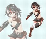  alternate_costume bandaged_leg bandages bangs bare_shoulders belt black_bikini_top black_gloves black_legwear boots breasts brown_eyes brown_footwear brown_gloves choker cleavage commentary_request elbow_gloves eyebrows_visible_through_hair front-tie_top gloves hair_between_eyes holding holding_weapon horns kijin_seija looking_at_viewer medium_breasts multicolored_hair navel pouch short_hair shunichi side_slit single_thighhigh smile standing standing_on_one_leg streaked_hair thighhighs touhou weapon zoom_layer 