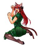  animal_ears ass bangs blue_eyes bow braid cat_ears cat_tail cosplay dress hong_meiling kaenbyou_rin kaenbyou_rin_(cosplay) koyubi_(littlefinger1988) long_hair looking_at_viewer open_mouth pantyhose paw_pose red_hair scar smile solo tail touhou twin_braids 