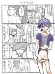 1boy 1girl absurdres android ass blue_eyes blue_hair bookshelf cd check_translation comic desk highres kaito master_(vocaloid) no_penis notepad partially_colored pen pubic_tattoo robot_joints shikuchouson shirt shirt_lift shorts shorts_pull smile spot_color t-shirt tattoo translation_request undressing vocaloid writing 
