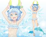  :d armpits arms_up ball bangs bare_legs beachball bekotarou bikini blue_bikini blue_bow blue_eyes blue_hair bow bracelet cirno commentary_request dolphin eyebrows_visible_through_hair frilled_bikini frills green_scrunchie hair_bow holding holding_ball ice ice_wings jewelry looking_at_viewer navel open_mouth polka_dot polka_dot_bikini sandals scrunchie short_hair smile standing standing_on_one_leg swimsuit tan touhou wings wrist_scrunchie zoom_layer 