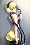  1girl arched_back bare_shoulders black_pants blonde_hair blue_eyes breasts cable choker chromatic_aberration eyebrows_visible_through_hair eyes_visible_through_hair from_behind gradient gradient_background grey_background half-closed_eyes hand_up headphones highres kamitsure_(pokemon) legs_apart looking_at_viewer looking_back looking_to_the_side medium_breasts mintes pants pokemon pokemon_(game) pokemon_bw short_hair simple_background sleeveless smile solo standing 