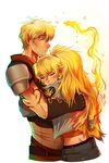  1boy 1girl agentwhitehawk blonde_hair blue_eyes crying eyes_closed father_and_daughter fire gloves hug jacket long_hair magic ponytail rwby sad short_hair taiyang_xiao_long tattoo very_long_hair yang_xiao_long 